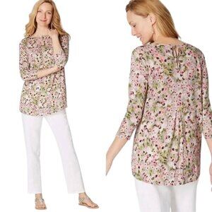 J. Jill Love Linen Pleated Tie Back Tunic Top Pink Green Floral
